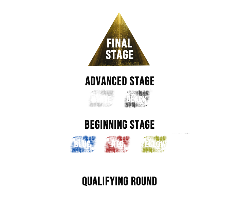 QUALIFYING ROUND（オンライン予選トーナメント・リーグ）・BEGINNING STAGE（BLUE / RED / YELLOW DIVISION）・ADVANCED STAGE（WHITE / BLACK DIVISION）・FINAL STAGE（オフライン決勝ステージ）